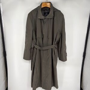 Vintage LONDON FOG Mens Olive Green Gray Long Coat Hood Trench Pockets Belt 40R